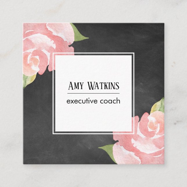 Pink Watercolor Roses Chalkboard Background Square Business Card (Front)