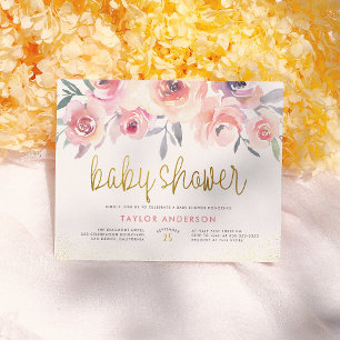 Pink Watercolor Roses Chic Gold Script Baby Shower Invitation Postcard
