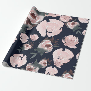 Pink Watercolor Roses Dark Navy Blue Floral Party Wrapping Paper