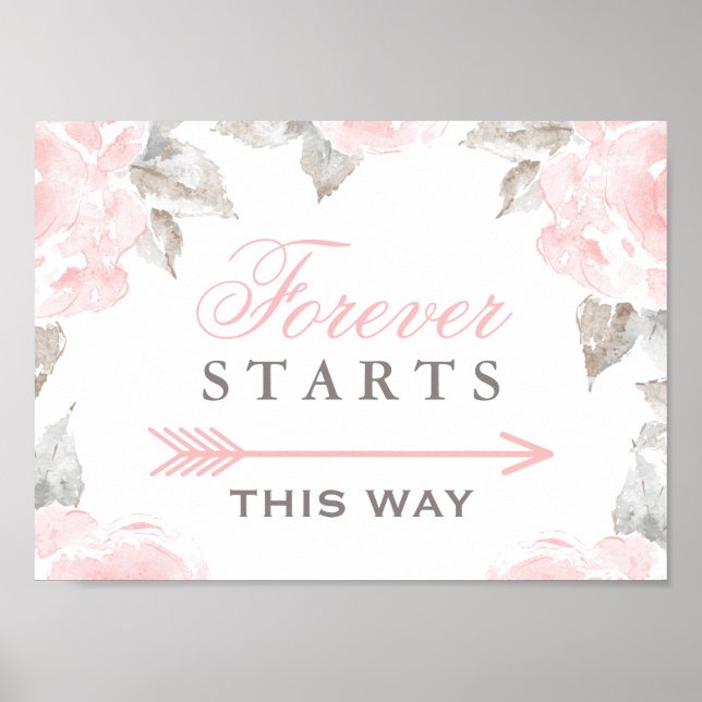 Pink Watercolor Roses Directional Wedding Poster (Front)