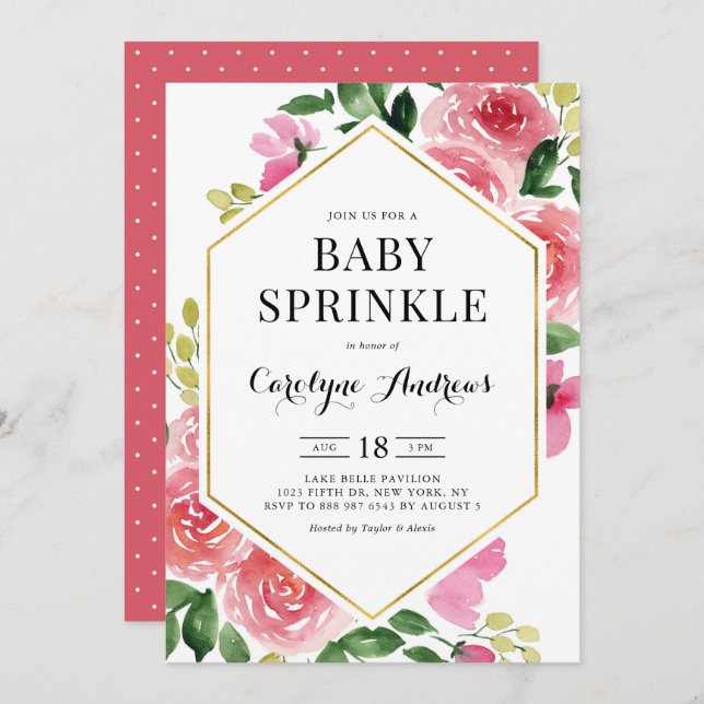 Pink Watercolor Roses Floral Frame Baby Sprinkle Invitation (Front/Back)