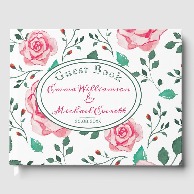 Pink Watercolor Roses & Foliage Pattern | Wedding Guest Book (Front)