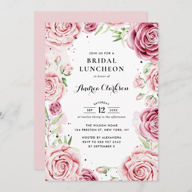 Pink Watercolor Roses Frame Bridal Luncheon Invitation (Front/Back)