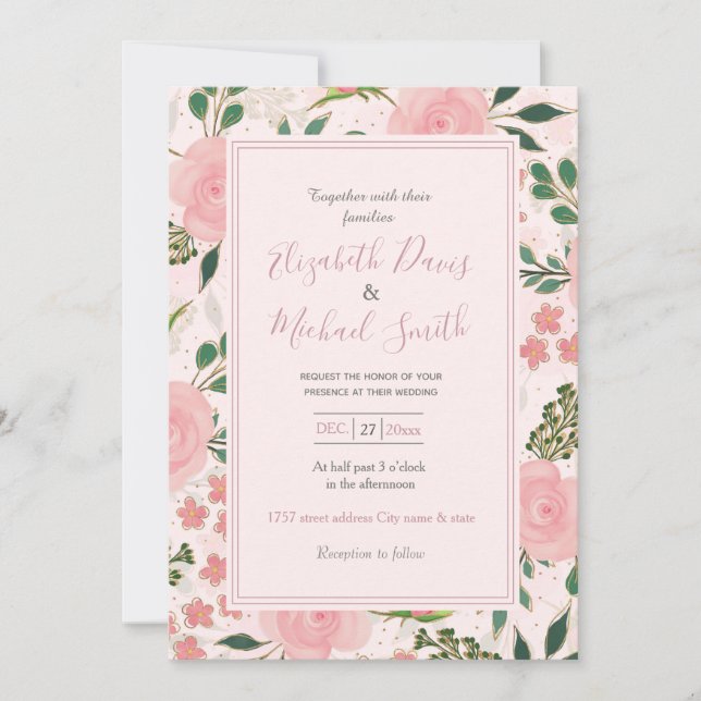 Pink Watercolor Roses Gold Outline Design Invitation (Front)