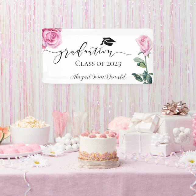 Pink Watercolor Roses Graduation Party Banner (Party)