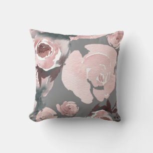 Pink Watercolor Roses Grey Charcoal Floral Cushion