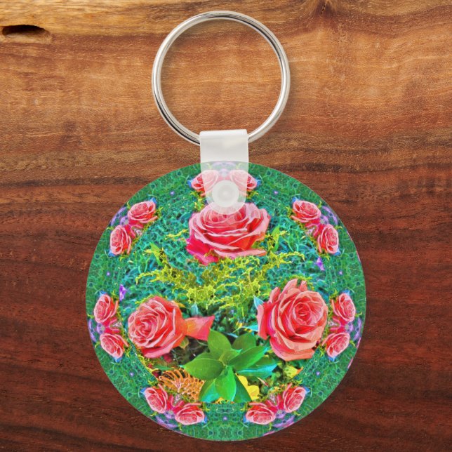Pink Watercolor Roses  Key Ring (Back)