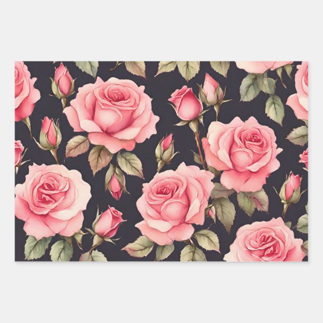 Pink Watercolor Roses on Black Background  Wrapping Paper Sheet (Front)