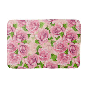 Pink watercolor roses pattern bath mat