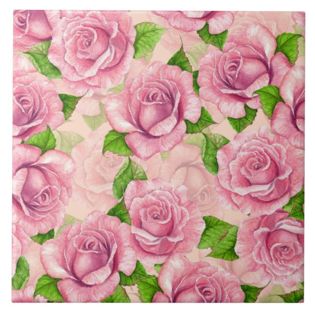 Pink watercolor roses pattern ceramic tile (Front)
