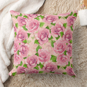 Pink watercolor roses pattern cushion