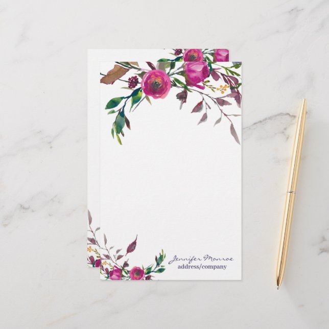 Pink watercolor roses personalised stationery (Front/Back In Situ)