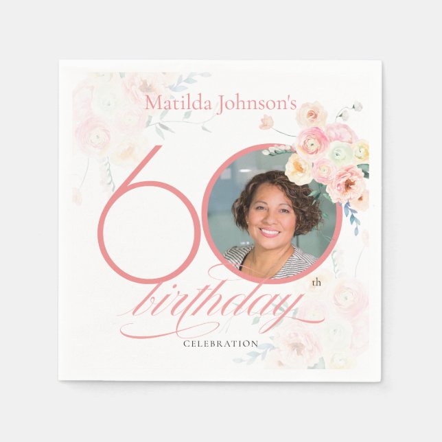 Pink Watercolor Roses Photo Floral 60th Birthday Napkin (Front)