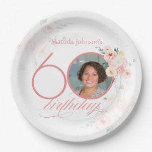 Pink Watercolor Roses Photo Floral 60th Birthday Paper Plate