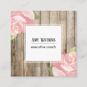 Pink Watercolor Roses, Rustic Wood, Social Icons Square Business Card