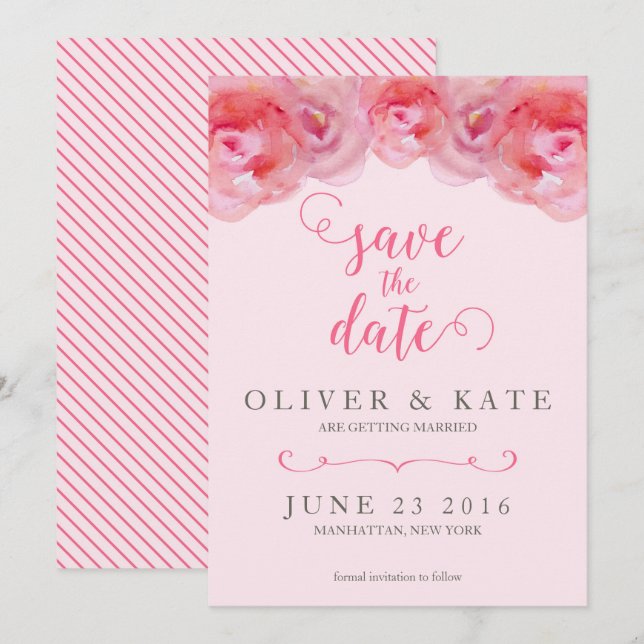 Pink Watercolor Roses Save the Date Invitation (Front/Back)
