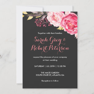 Pink Watercolor Roses Stripes Wedding Invitation