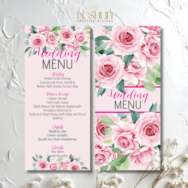 Pink Watercolor Roses Wedding Flat Menu (Creator Uploaded)