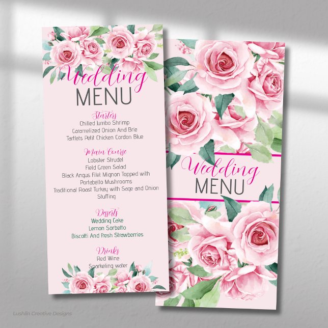 Pink Watercolor Roses Wedding Flat Menu (Creator Uploaded)