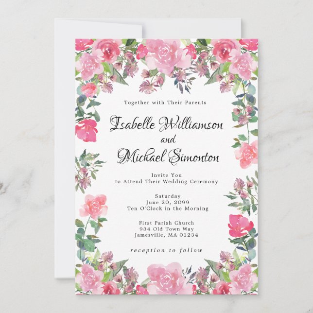 Pink Watercolor Roses Wedding Invitations (Front)