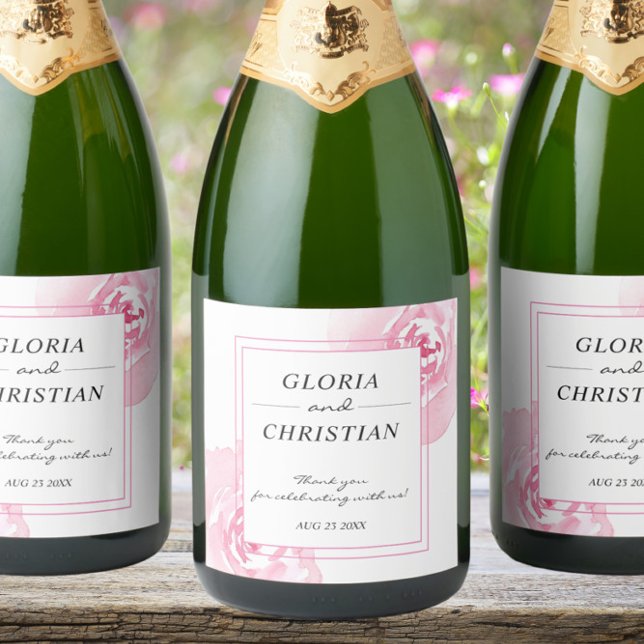 Pink Watercolor Roses  Wedding  Sparkling Wine Label (Creator Uploaded)
