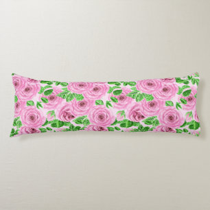 Pink watercolor roses with leaves and buds patter body cushion