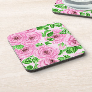 Pink watercolor roses with leaves and buds patter coaster