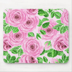 Pink watercolor roses with leaves and buds patter mouse pad