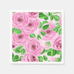 Pink watercolor roses with leaves and buds patter napkin