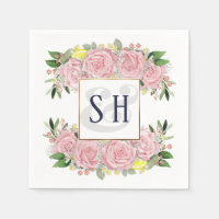Pink Watercolor Roses Yellow Lemons, Monogram