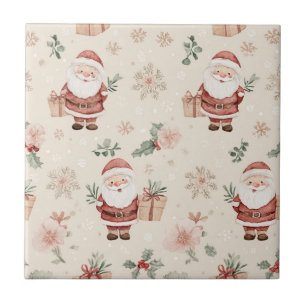 Pink Watercolor Santa Christmas with Snowflakes Ceramic Tile