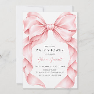 Pink Watercolor Satin Bow Baby Shower  Invitation