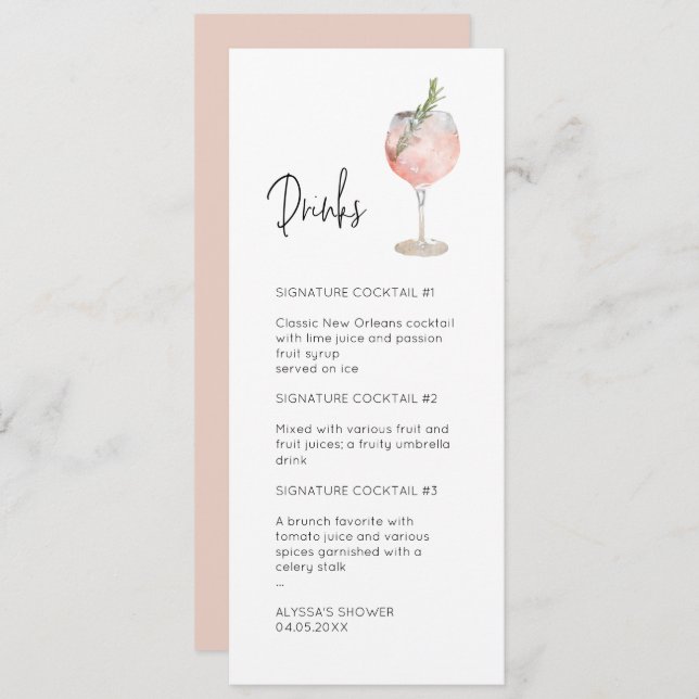 Pink Watercolor Signature Cocktail Menu Invitation (Front/Back)