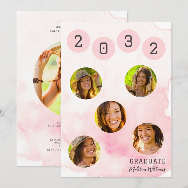 Pink Watercolor Six Photo Graduation Invitation (Front/Back)
