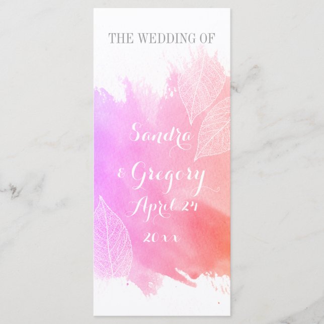Pink watercolor & skeleton leaves wedding program (Front)