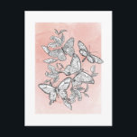 Pink Watercolor Sketched Butterflies Postcard<br><div class="desc">Hand drawn butterflies over watercolor pink background. Customise with your name and details on the back or add a photo.</div>