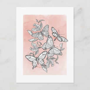 Pink Watercolor Sketched Butterflies Postcard