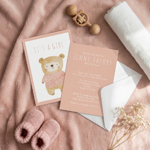 Pink Watercolor sleepy teddy Bear It's a Gir” Baby Invitation