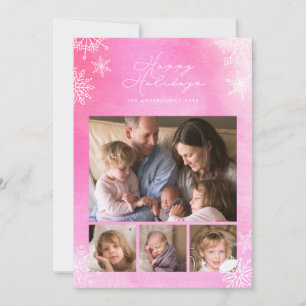 Pink Watercolor Snowflakes Happy Holidays Photo Holiday Card