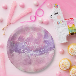 Pink Watercolor Sparkle Merry Christmas Paper Plate