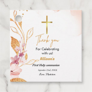 Pink watercolor splash first communion thank you favour tags