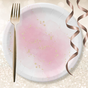 Pink Watercolor Splash Gold Sparkle Glitter Simple Paper Plate