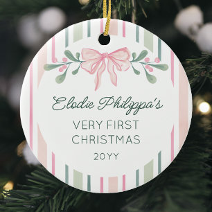 Pink Watercolor Sprigs Bow Baby's First Christmas Ceramic Ornament