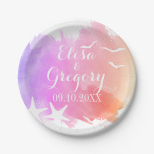 Pink watercolor, starfish beach summer wedding paper plate