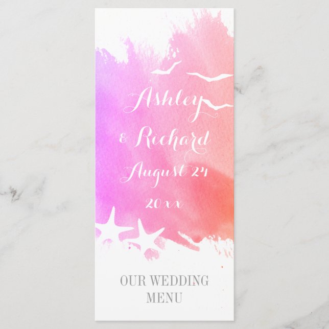 Pink watercolor, starfish beach wedding menu (Front)