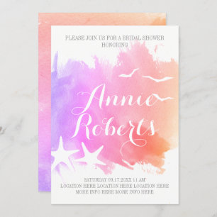 Pink watercolor, starfish wedding bridal shower invitation