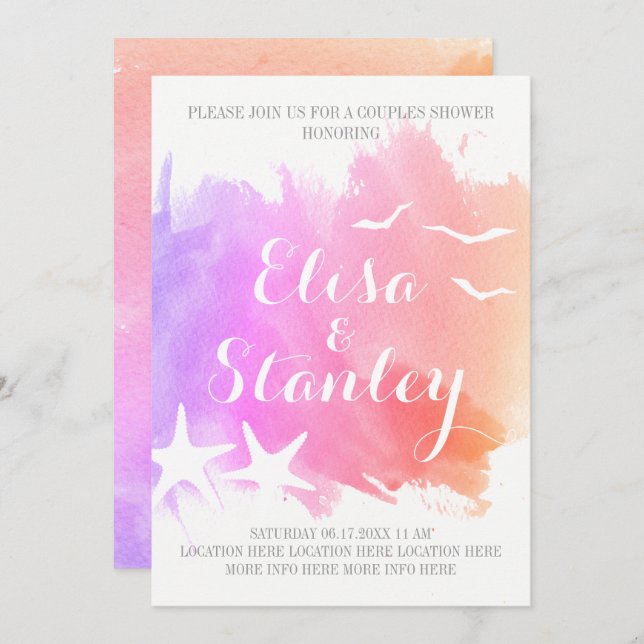Pink watercolor, starfish wedding couples shower invitation (Front/Back)