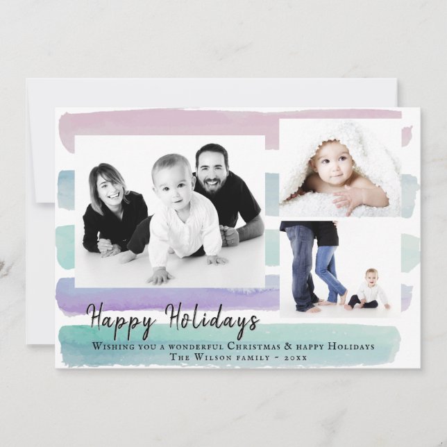 Pink Watercolor Stripe 3 Photo Collage Christmas Holiday Card (Front)