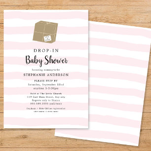 Pink Watercolor Stripe DROP-IN Girl Baby Shower Invitation