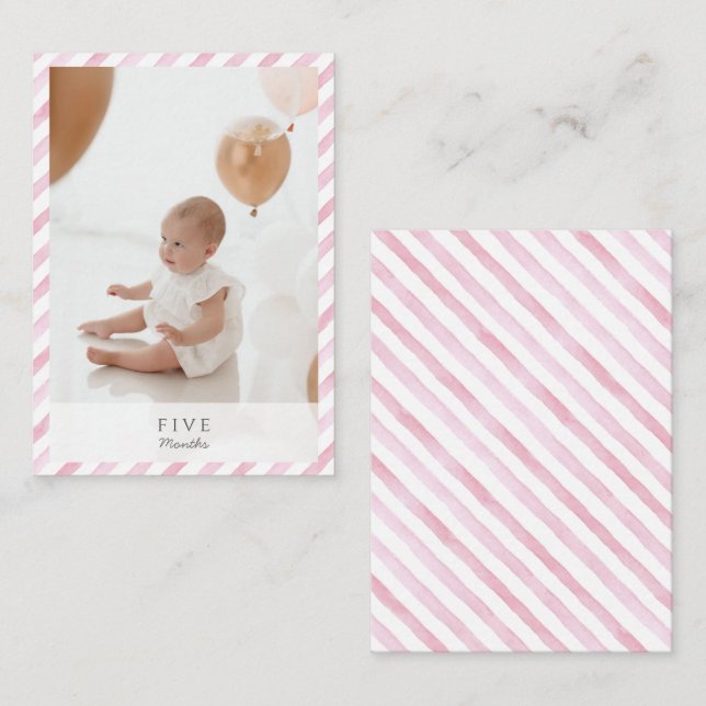 Pink Watercolor Striped 1st Birthday Milestone Card (Front/Back)